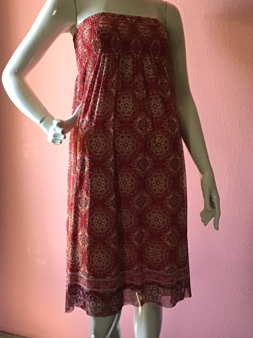 Max Studio Strapless Red Medallion Print Sundress
